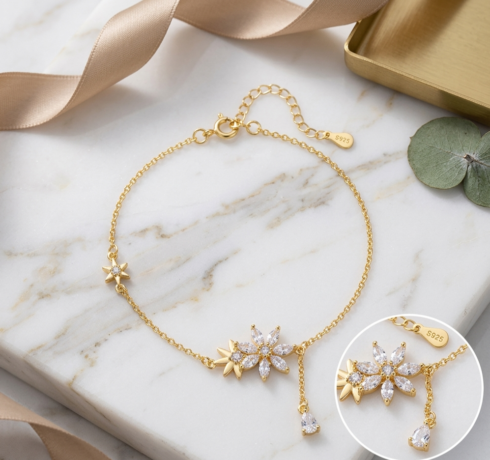 "Flor de Luz" - Elegante Pulsera con Flores y Zirconia Cúbica